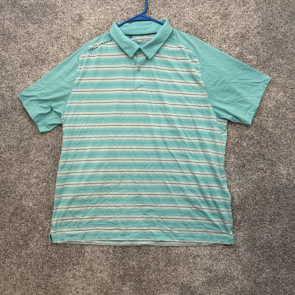 Under Armour Polo Shirt Mens 2XL Blue Striped HeatGear Loose Fit Golf SS 1306112